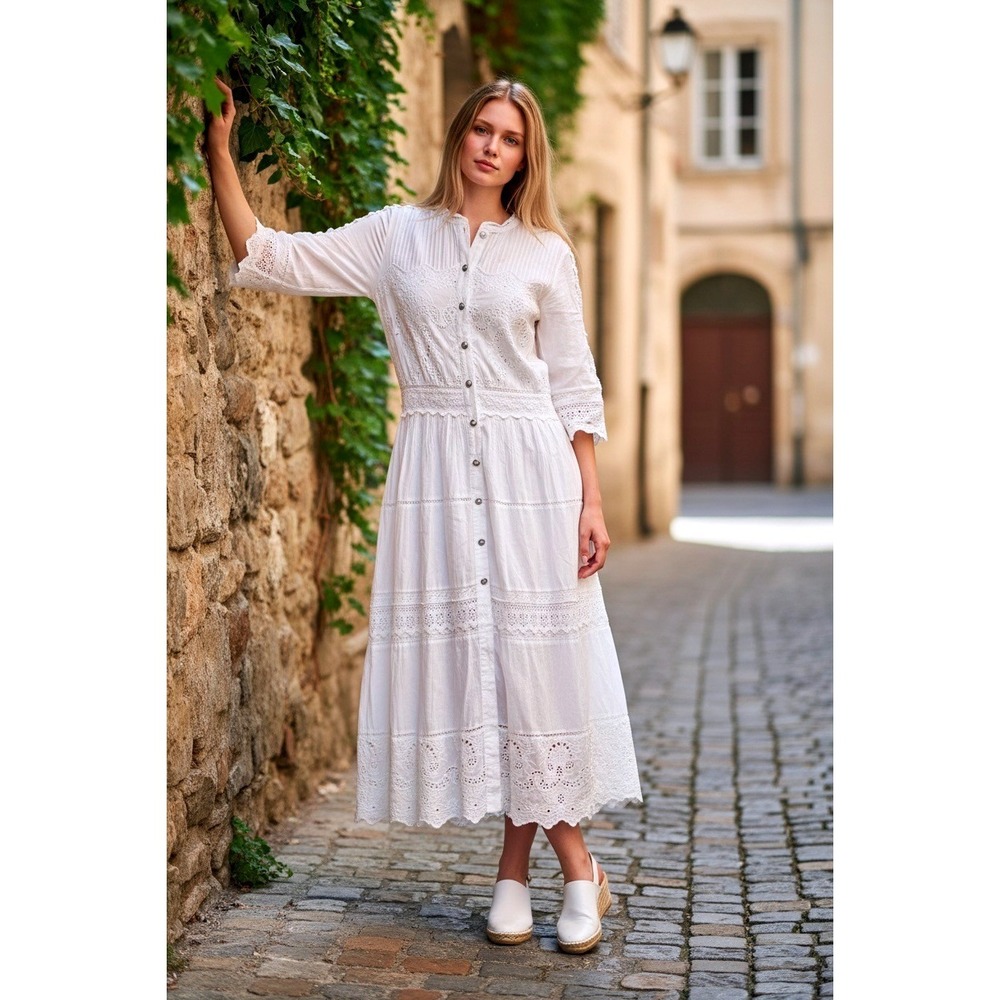 The Kooples Midi Dress SZ SM White Broderie Anglaise Turquoise Button Cotton
